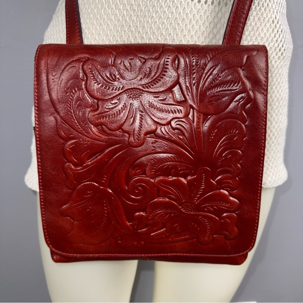 Patricia Nash Granada Sling Hand Cut Tooled Reddish Brown Leather Crossbody